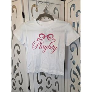 Playboy Graphic Tee XS White Pink Bow Logo Cotton Y2K Baby Tee NWT